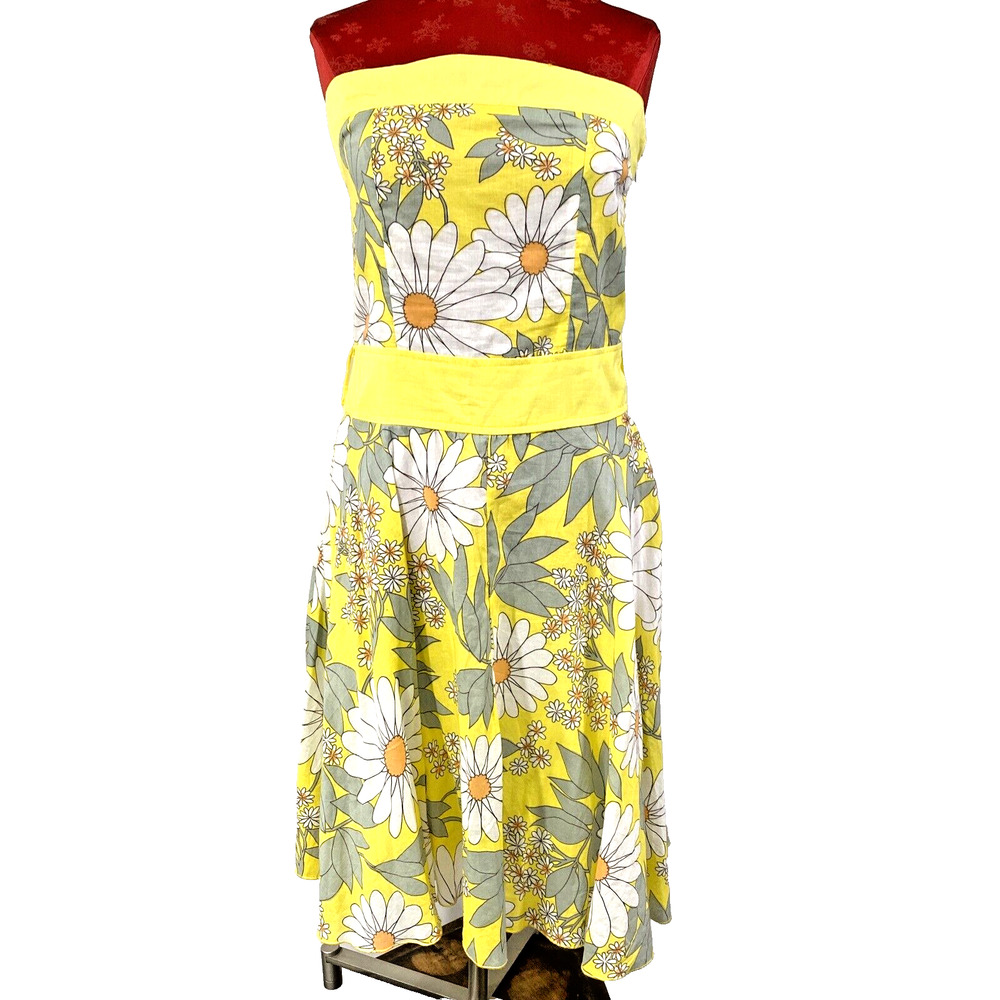 Angie Strapless Sundress Size M Yellow Gray Sunflower Floral Print Cotton Dress